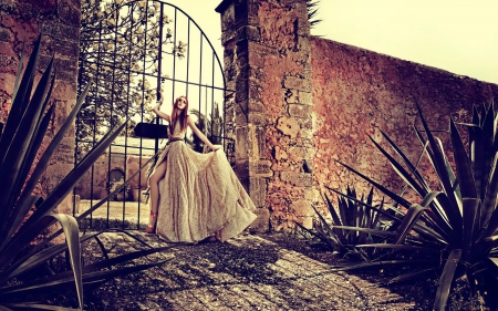 Vintage Girl - nature, models, girl, people, gate, vintage, beautiful, dress