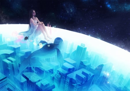 Friends 4 ever - pretty, turtle, anime, female, dress, night, long hair, stars, animal, friends, nice, sky, blue eyes, anime girl, game, aka tonbo, water, beautiful, dolphin, city, beauty, cool, sweet, cg, smile, awesome, black hair, cute