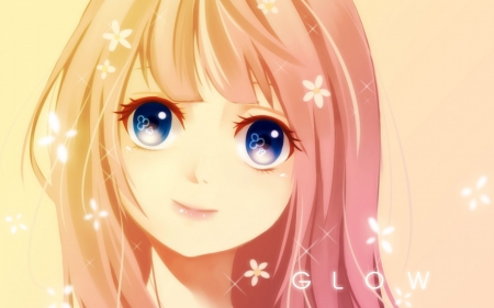 Cute smile - pretty, anime, female, long hair, flowers, nice, pink hair, blue eyes, anime girl, game, beautiful, blush, beauty, cool, sweet, petals, cg, smile, awesome, lights, cute