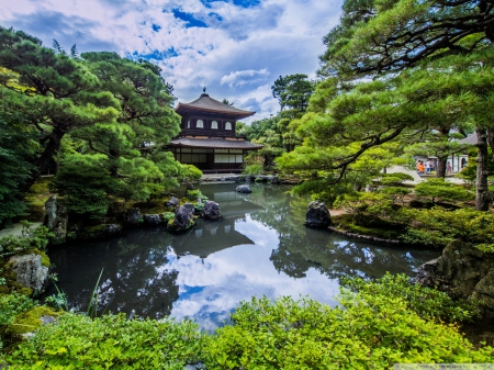 Japanese Garden - sky, lake, japan, tree, garden, pagoda