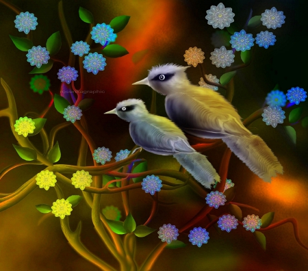 Sweet Couple Birds - couple, trees, adorable, animals, lovely, creative pre-made, weird things people wear, digital art, paintings, sweet, flowers, drawings, birds