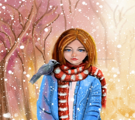 ~Pink Snow Girl~ - pretty, bird, creative pre-made, greetings, snow, frosty, scraf, holidays, photomanipulation, seasons, winter, digital art, weird things people wear, lovely, xmas and new year, girls, christmas, model, snow girl