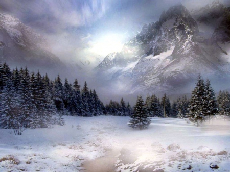 Amazing Winter - clouds, trees, landscape, snow, mountains, sunglow, sky