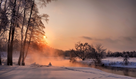 Sunset In Winter - winter, sunset, trees, snow