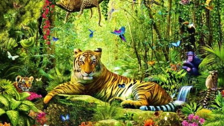 animals - painting, snakes, lazy, butterflys, jungle, tiger