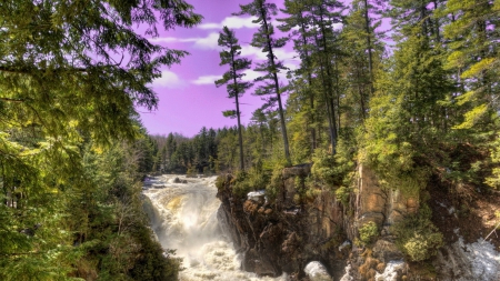 rapid waterfall under magenta sky - waterfakk, rapids, gorge, sky, trees, magenta