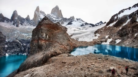 hikers at mountain blue lakes - lakes, mountains, rocks, hikers, blue