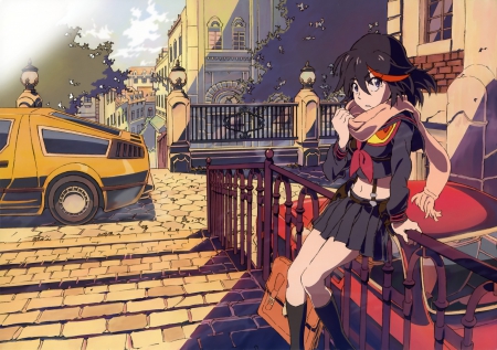 Life! - anime, anime girl, cars, skirt, cool, light, short hair, unifrom, scarf, awesome, snowing, black hair, nice