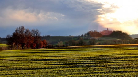 sun rays on a church on a rural hill - hill, fields, church, sun rays