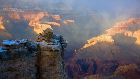 rock towers in a magnificent canyon - sunlight, canyon, snow, towers, rocks