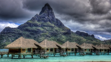 row of coastal bungalows in paradise hdr - bungalows, clouds, hdr, sea, mountain