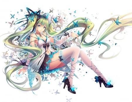 Vocaloid - woman, beauty, female, ribbons, heels, black, white, art, pretty, anime, green, miku, cute, butterflies, lady, sexy, girl, long hair, lovely, hatsune, vocaloid, blue, beautiful, sweet, flowers, dress