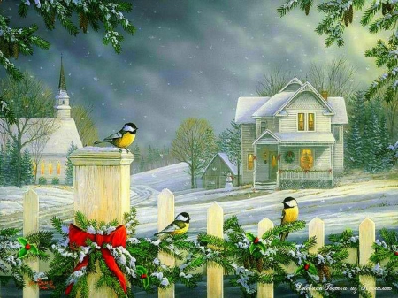 â˜…Christmas Holyâ˜… - love four seasons, winter, cool, churches, xmas and new year, attractions in dreams, holidays, greetings, christmas, wreath, houses, fence, birds, paintings, snow, green