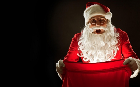 Surprise! - hat, light, man, bag, surprise, santa claus, christmas, black, white, funny, red