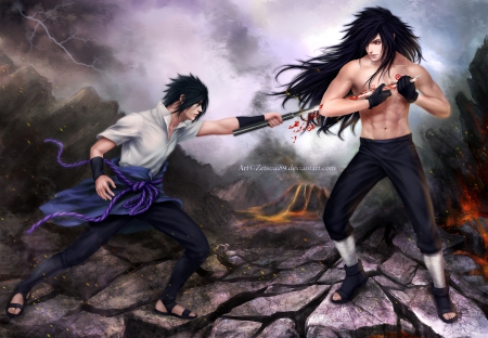 Sasuke vs Madara - sharingan, sasuke, uchiha madara, war, sword, god, long hair, madara, uchiha sasuke, naruto, katana, black hair