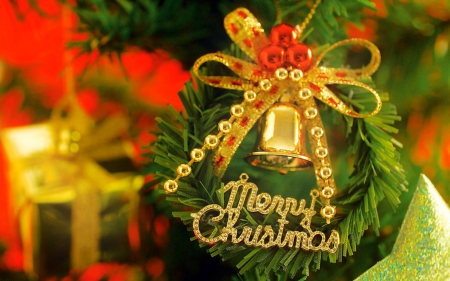 Merry Christmas - ribbon, decor, bells, christmas