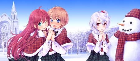 Komorebi no Kuni - girls, snowman, game, snow, winter, school girls, friends, cg