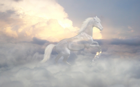 Spirit of the White Horse - white, spirit, ghost, sky, horse, clouds, fantasy