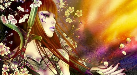 Fantasy girl - woman, redhead, girl, japanese, asian, fantasy, spring, tattoo, yellow, pink, katana, petals, green, sword, flower