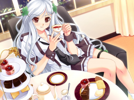 Tea time - pretty, anime, girl, cute, beauty, tea, flan