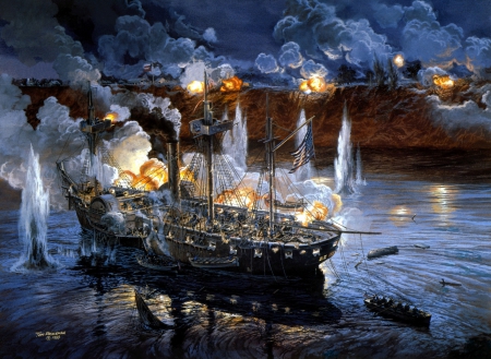 Old Battleship - battle, boat, firing, artwork, steamship, sea, cannons