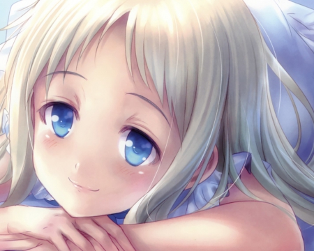 Manma - blue eyes, mannma, anohana, white dress, anime girl, the flower the we saw that day, anime, blush, manma, white hair, dress