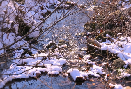 Snowfall on the Stream - nature, december, snow, stream, water, winter, creek