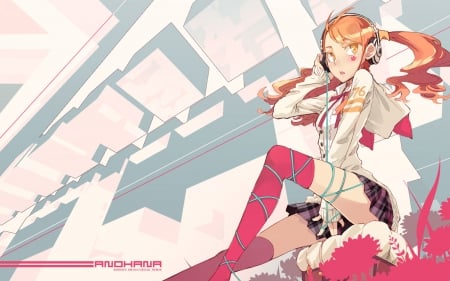 Naruko Anjou - skirt, pretty, anohana, orange hair, headphones, anime, socks, naruko