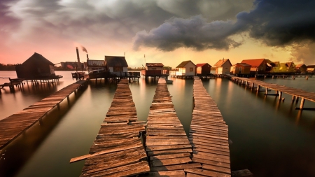 village of bungalows on the bay - bungalows, clouds, piers, bay