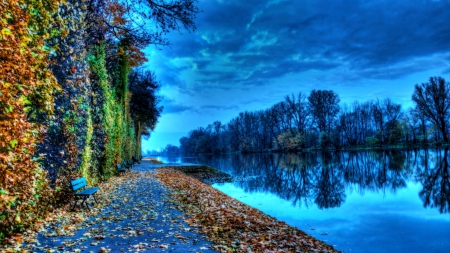 bench on a river embankment in autumn hdr - autumn, bencg, trees, river, leaves, hdr, emankment