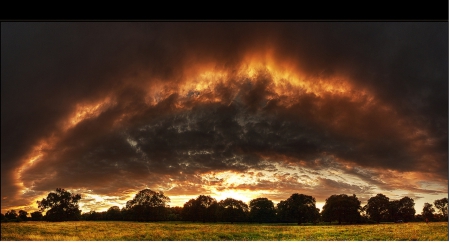 awesome fiery sky - field, fiery, sky, trees