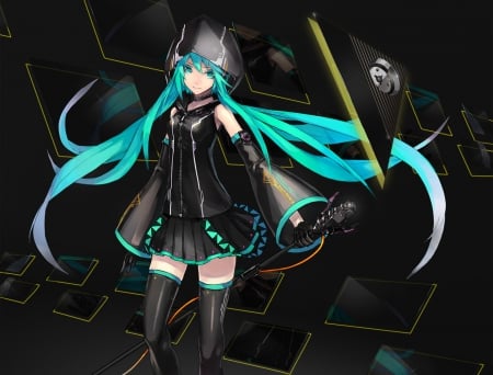 Ready To Go - hatsune miku, skirt, blue eyes, long hair, hood, gloves, ponytails, blue hair, microphone, vocaloid, headphones, anime