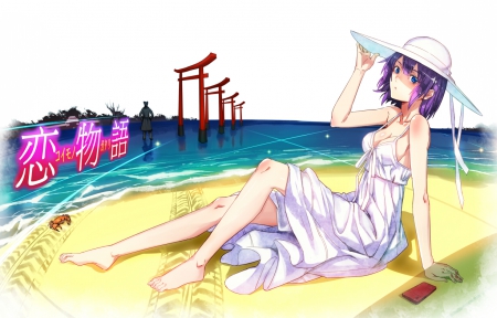 ~Kaiki Deishuu~ - hat, pretty, anime, kaiki deishuu, summer, beach, dress, sand, short hair, crab, barefoot, purple hair