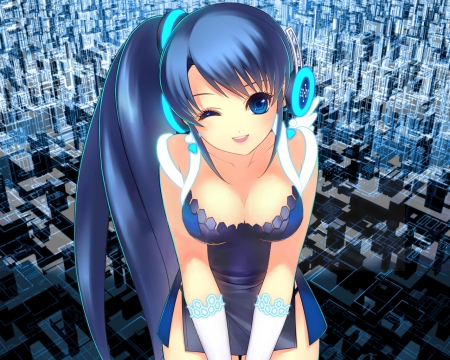 Happy girl - woman, beauty, female, art, pretty, anime, cute, lady, girl, long hair, lovely, neon, beautiful, headphones, blue, happiness, dress, happy