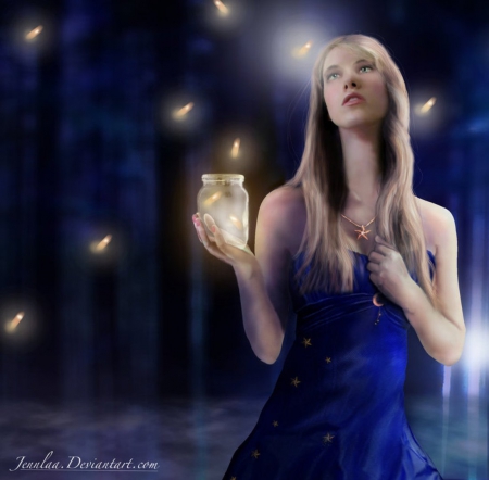 Fireflies - abstract, fireflies, lady, blue