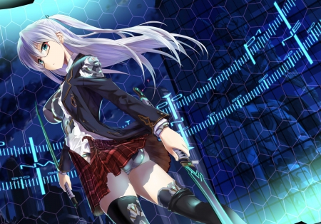 Lovely Girl - nice, woman, beauty, female, glasses, anime girl, black, purple, pretty, cool, game, katana, anime, sword, lady, sexy, skirt, girl, ponytail, blue eyes, long hair, purple hair, jacket, cg, red, blue, beautiful, weapon, sweet, awesome, uniform