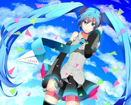 Love - hatsune miku, skirt, sky, tears, blue eyes, ponytails, blue hair, microphone, vocaloid, clouds, tie, anime