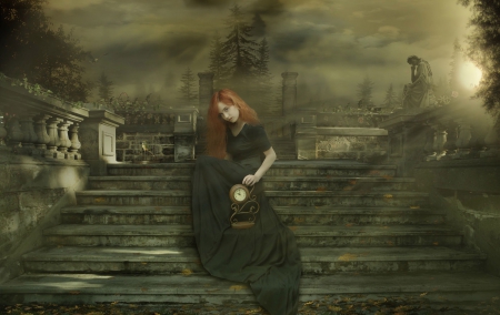 DARK TIMES AHEAD - Clock, Red Hair, Gothic, Red Head, Dark, Girl, Stairs, Fantasy, Time, Wallpaper