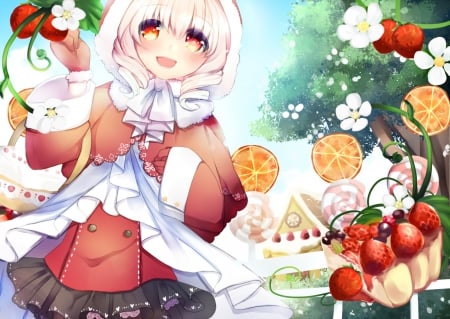 ~Welcome To Sweetland~ - orange eyes, strawberry, blush, short hair, flowers, anime, candy, girl, fruit, pink hair, skirt, gloves, house, food, cake