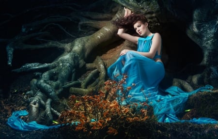 Magic Love - femininity, magic, woman, look, blue dress, beauty, forest, love