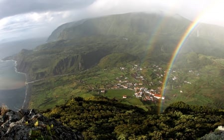 view from above of a rainbow over seaside village - fields, village, view, rainbow, green, sea