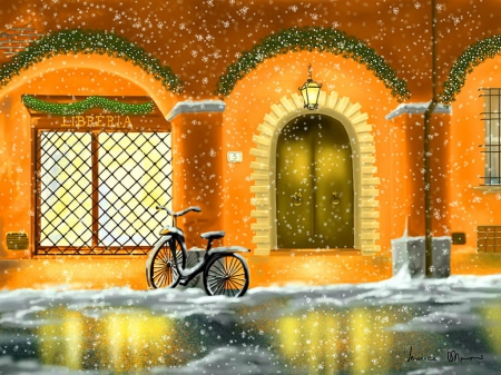 Bologna - winter, beautiful, lanterns, bologna, snow, lovely, light, reflection, byke, painting, art