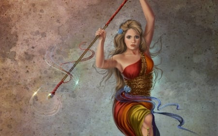 Fantasy girl - spear, fighter, fantasy, orange, blonde, girl, woman