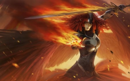 Fantasy girl - sword, fighter, fantasy, orange, armor, girl, woman, redhead