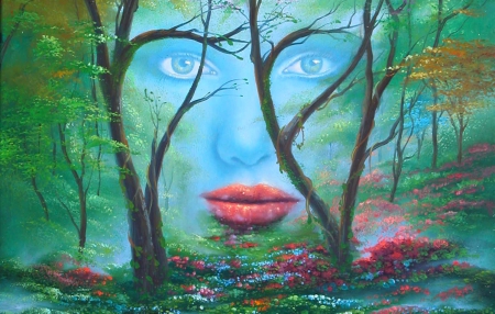 Nature has Eyes - face, forest, digital, fantasy, beautiful, girl, woman, art