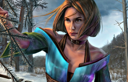 Fantasy girl - woman, girl, winter, fantasy, fir, guild wars, game, pink, blue, blonde