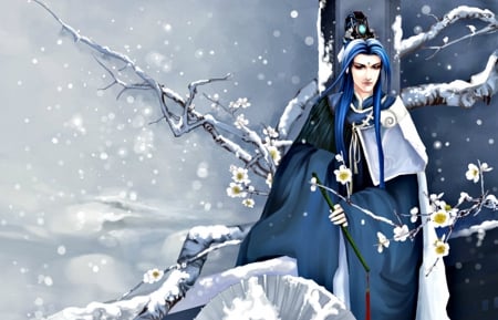 The prince - winter, hazhangzhong, blue, art, white, fantasy, prince, japanese, asian, man