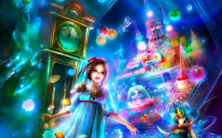 Pas du sucre - sweets, girl, fantasy, shu, christmas, pink, blue, green, clock, nutcracker