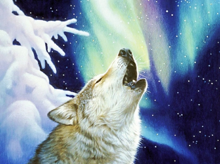 Natural Howl - ice, winter, wolf, northern lights, tree, wolves