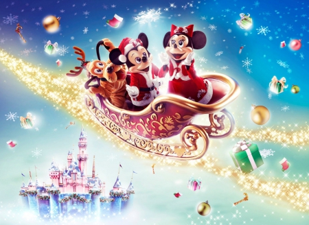 Disney Christmas - minnie, mickey mouse, fantasy, christmas, red, pink, castle, blue, disney